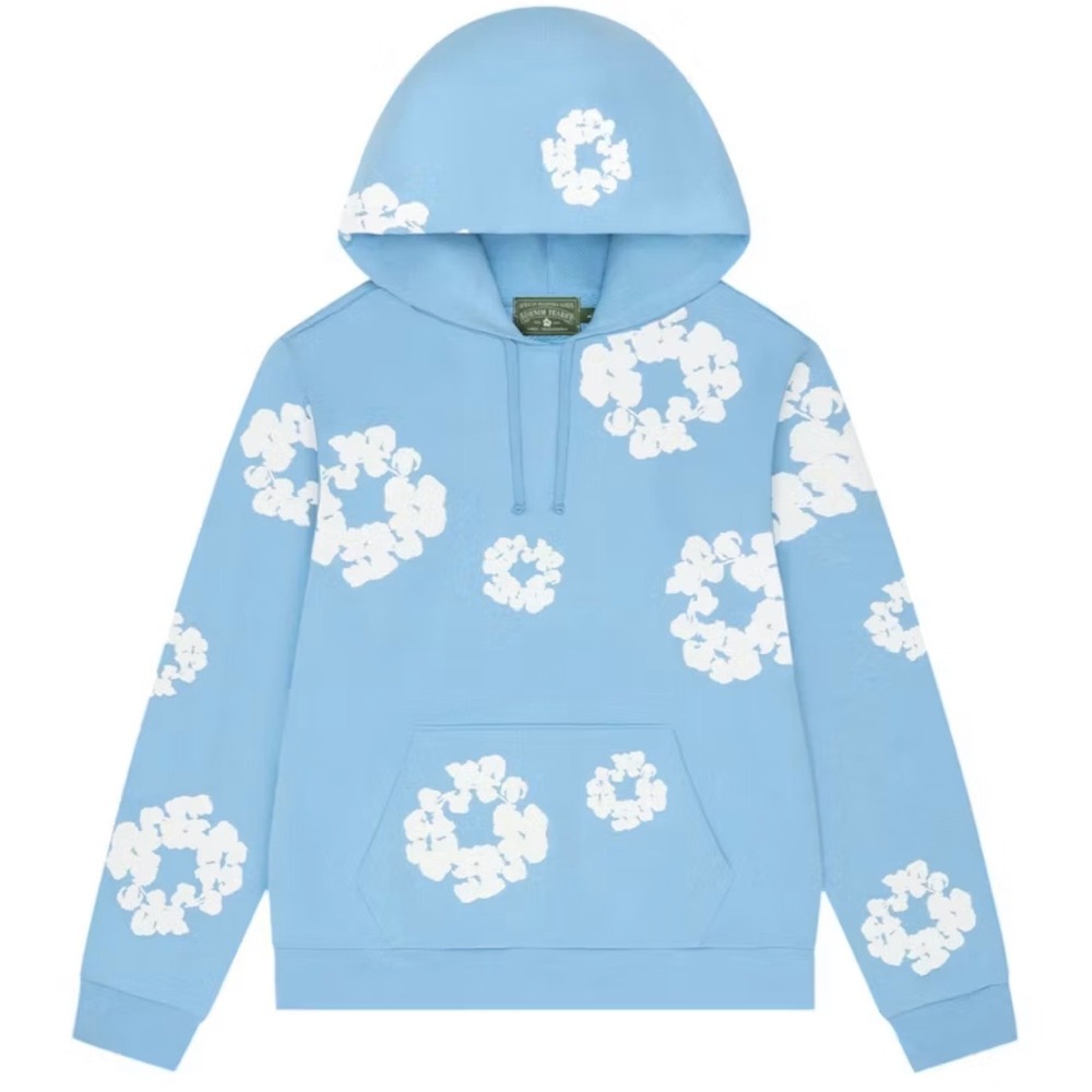 Denim Tears Cotton Wreath Hoodie Light Blue White Puff Print Streetwear Sz S